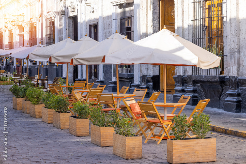 Peru, Colorful restaurants and colonial buildings of Arequipa in historic city center.
