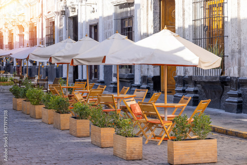 Obraz na płótnie Peru, Colorful restaurants and colonial buildings of Arequipa in historic city center. w salonie