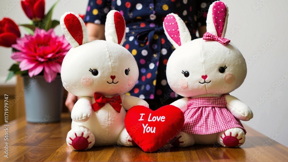 Fototapeta premium Toy rabbits and heart shaped pillow with 