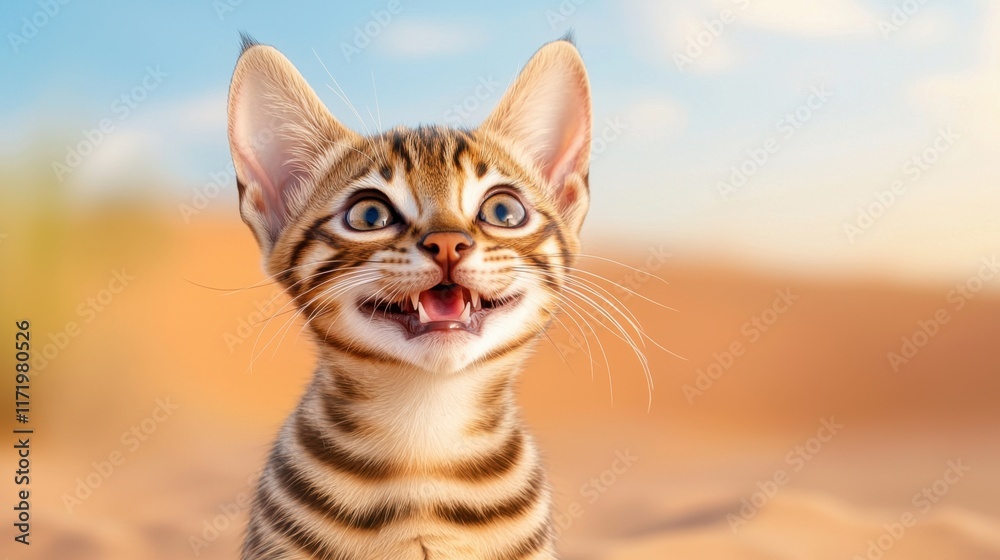 A small, striped wild cat with large ears and a wide smile sits in the desert, its eyes filled with joy and its whiskers twitching with excitement. A small, striped wild cat with large ears and a wide smile sits in the desert, its eyes filled with joy and its whiskers twitching with excitement.