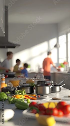 A busy kitchen scene with family cooking and preparing fresh ingredients together.