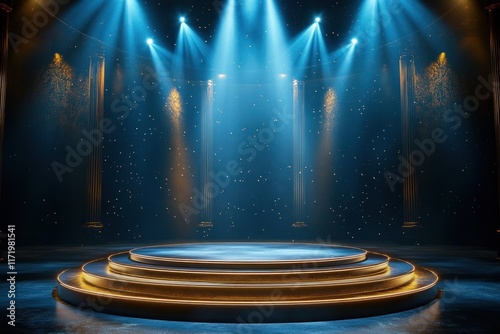 Illuminated Circular Stage with Blue Spotlights and Golden Accents Ready for Performance