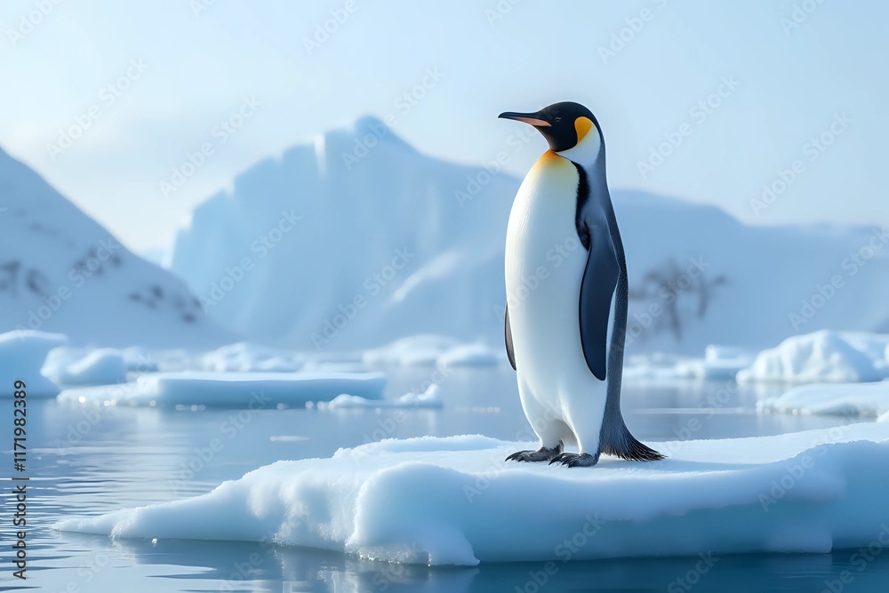 Fototapeta premium A majestic Emperor penguin stands gracefully on an ice floe in Antarctica, surrounded by stunning icy landscapes with copy space for text