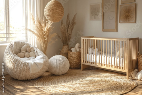A baby's room with a crib and toys scattered on the floor, sunlight streaming through the window.