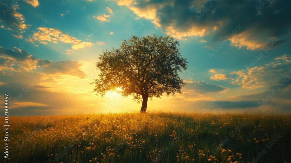 Lone tree on a glowing lake during a sunset Lone tree on a glowing lake during a sunset