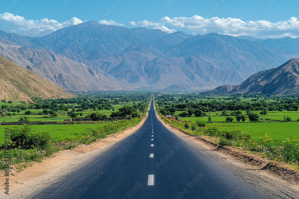 Fototapeta premium Long road winding through lush green valley, surrounded by rolling hills under clear blue sky.