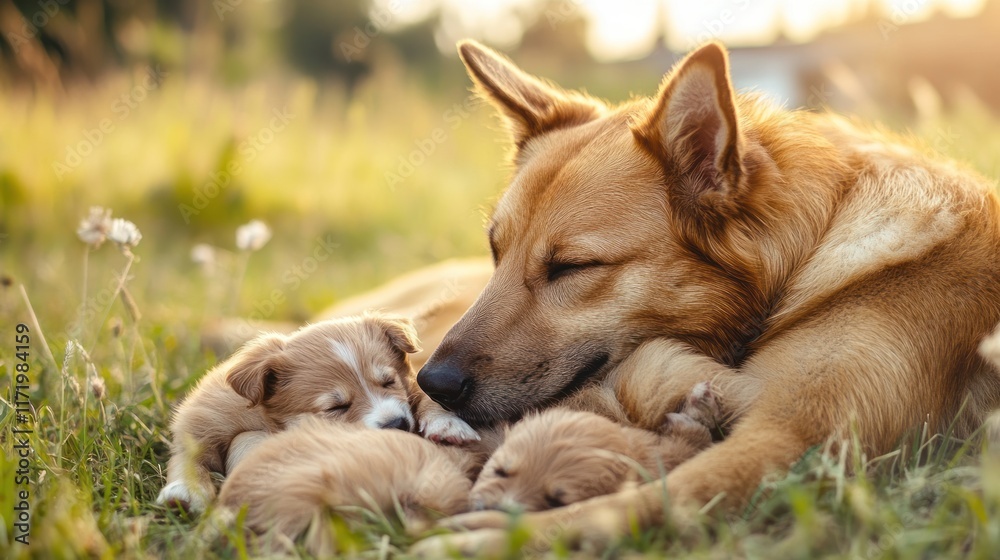 A mother dog cuddles with her adorable puppies in a sunlit grassy field. A mother dog cuddles with her adorable puppies in a sunlit grassy field.