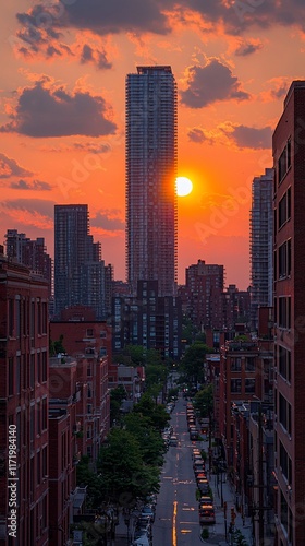 City street at sunset with skyscraper and vibrant sky.