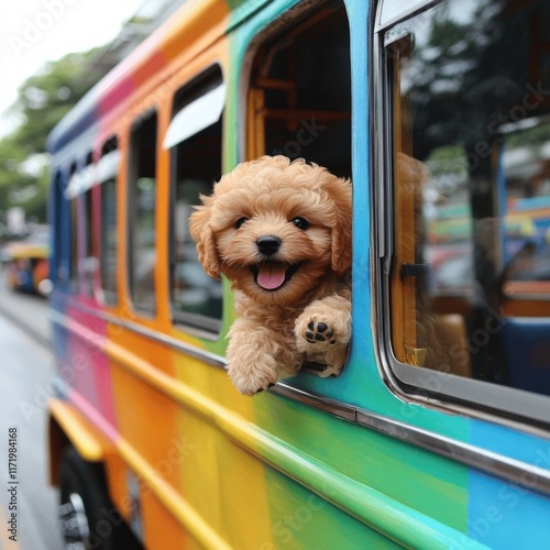 Playful Dog Enjoying a Vibrant Rainbow-Colored Bus Ride in the City - Perfect Joyful Urban Pet Adventure and Colorful Transportation Experience photo