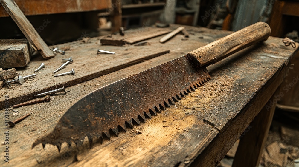 A rusty hand saw resting on a wooden workbench, surrounded by tools and debris. A rusty hand saw resting on a wooden workbench, surrounded by tools and debris.