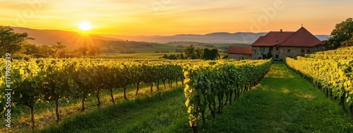 A picturesque view of a vineyard at sunset, with rows of grapevines bathed in golden light and a rustic winery in the background, Vineyard at sunset scene