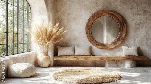 Asymmetrical Organic Shaped Wooden Mirror on Wall Above Rustic Bench in Cozy Scandinavian Minimalist Interior Design