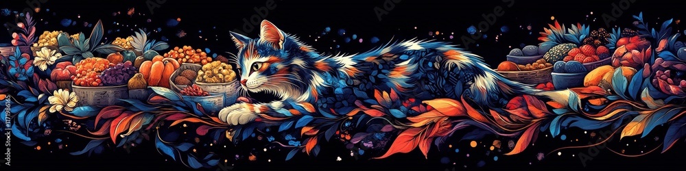 Obraz premium Vibrant Abstract Art Featuring Sleeping Cat with Colorful Leaves in a Fluid Dreamlike Flow on Black Background - Perfect Nature and Wildlife Painting Decor