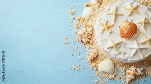 beach themed ice cream cake decorated with seashells and sand, perfect for summer celebrations. cake features starfish and large shell, creating delightful seaside vibe