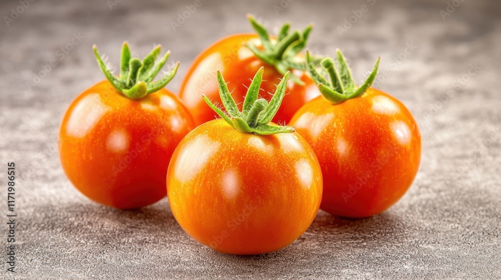 The tomatoes are vibrant in color, with a glossy skin that reflects the light The tomatoes are vibrant in color, with a glossy skin that reflects the light