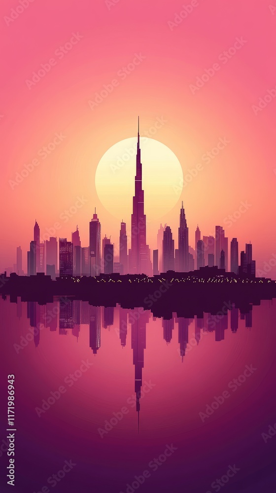 Fototapeta premium Dubai Skyline Sunset Cityscape Reflection