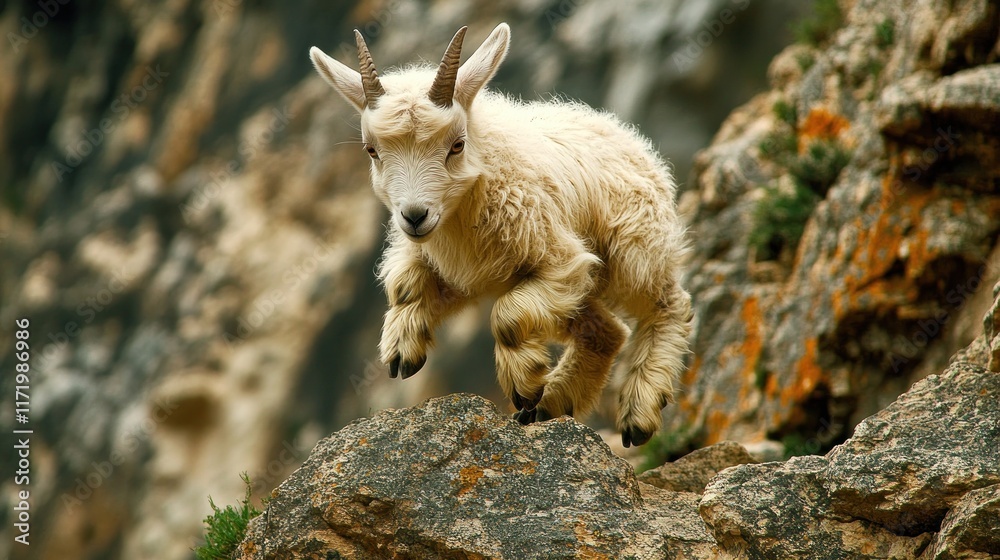 Obraz premium A mountain goat leaps gracefully over rocky terrain, showcasing agility and strength.