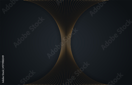 Abstract gold curved lines on black background with lighting effect  and copy space for text. Luxury design style. Vector illustration template