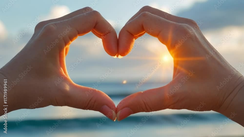 Two hands making a heart shape against a blurred ocean.