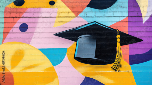 graduation cap on vibrant mural showcasing urban art and colorful patterns, symbolizing achievement and celebration in artistic environment