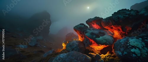 Rocky outcrops adorned with colorful lichen offering unique textures and patterns photo