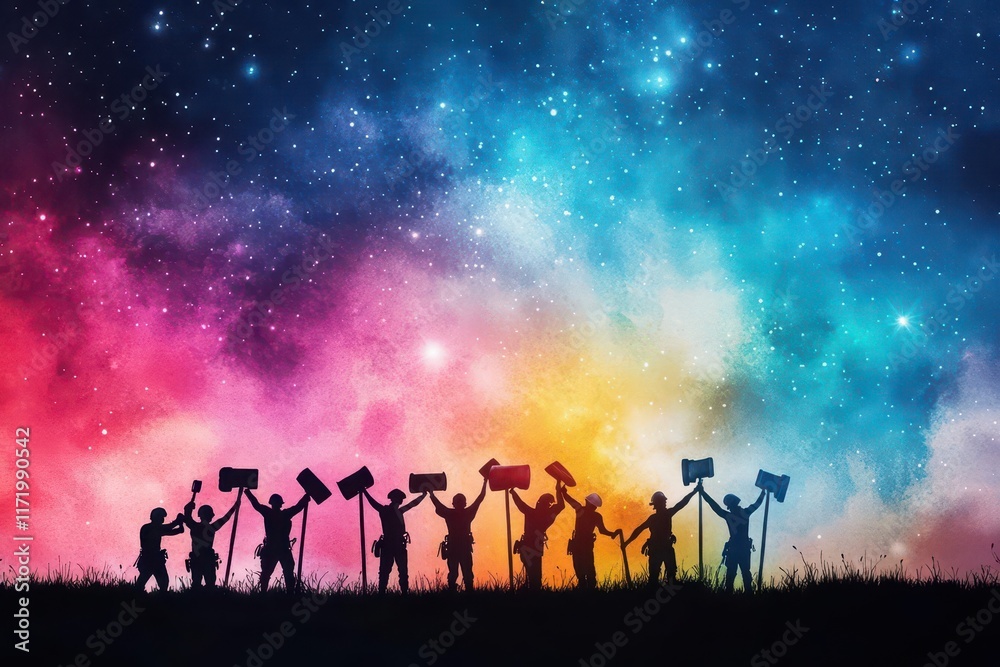 A dramatic depiction of miners lifting heavy tools, their strength showcased in watercolor strokes under a starry minefield sky A dramatic depiction of miners lifting heavy tools, their strength showcased in watercolor strokes under a starry minefield sky