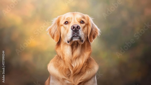 The portrait depicts a loyal canine sitting proudly with a shiny coat, bright eyes, and a wagging tail, exuding an undeniable sense of joy and companionship. photo