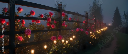 Rustic wooden fences lined with climbing roses creating a picturesque view
