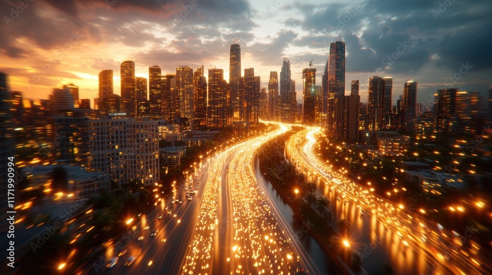 Fototapeta premium A vibrant cityscape at night illuminated by futuristic LED lights