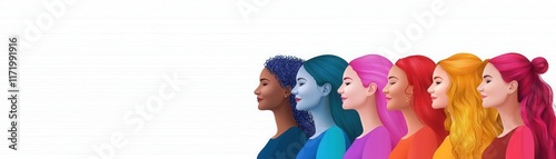 A vibrant illustration of diverse women with varying hair colors, showcasing individuality and beauty in a colorful spectrum. photo