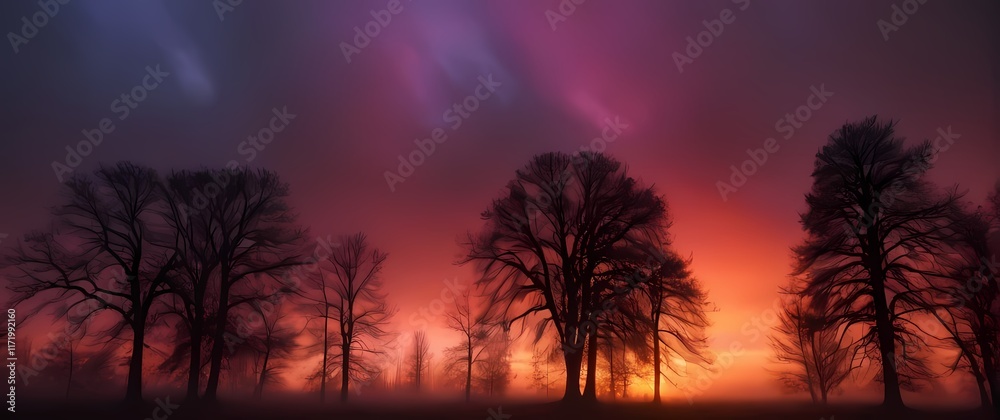 Naklejka premium Silhouettes of trees against a colorful sunset sky creating dramatic visuals
