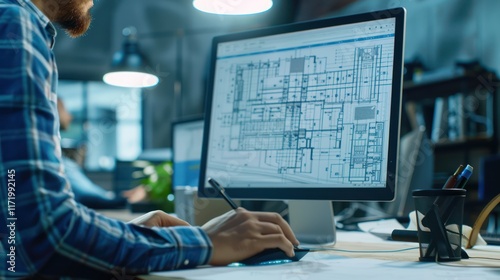 close-up of a person busy in front of a computer screen creating architectural designs with his computer