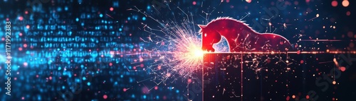A malicious Trojan horse icon breaking through a firewall graphic, with sparks and digital particles flying