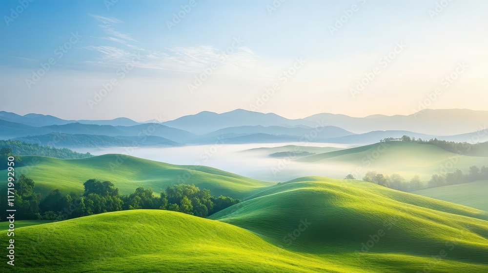 Obraz premium A peaceful landscape of rolling hills at dawn, mist rising as the sun casts soft light, shot from a high vantage point