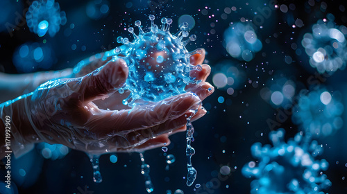 sanitization process with virus-like structures and water droplets