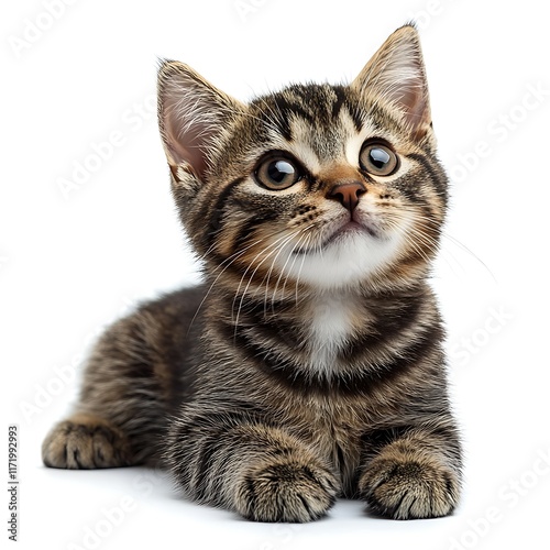Cute tabby kitten looking up, white background, pet adoption.