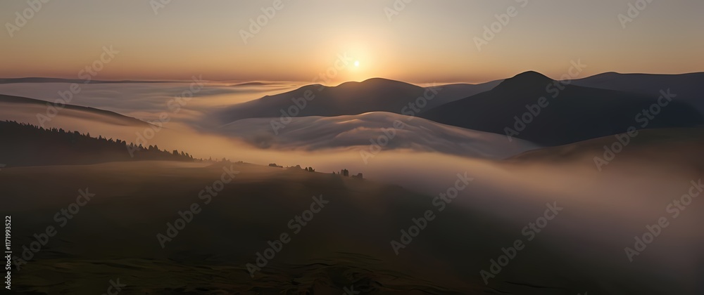 Stunning sunrise illuminating fog drifting over a quiet valley Stunning sunrise illuminating fog drifting over a quiet valley