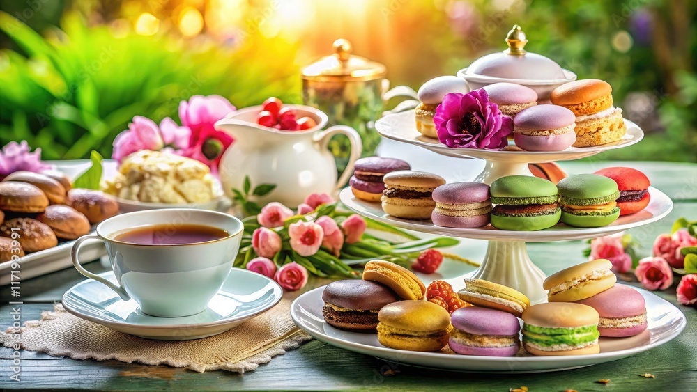 High-resolution image: Exquisite afternoon tea. Delicate pastries, elegant teacups. A perfect spread. High-resolution image: Exquisite afternoon tea. Delicate pastries, elegant teacups. A perfect spread.