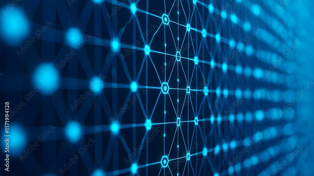 Abstract blue network connections with glowing dots and geometric patterns on a dark background representing digital technology and communication systems