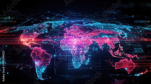 A vibrant map of Earth highlighting export hubs with glowing holographic paths, style digital infographic, technic motioninspired art photo