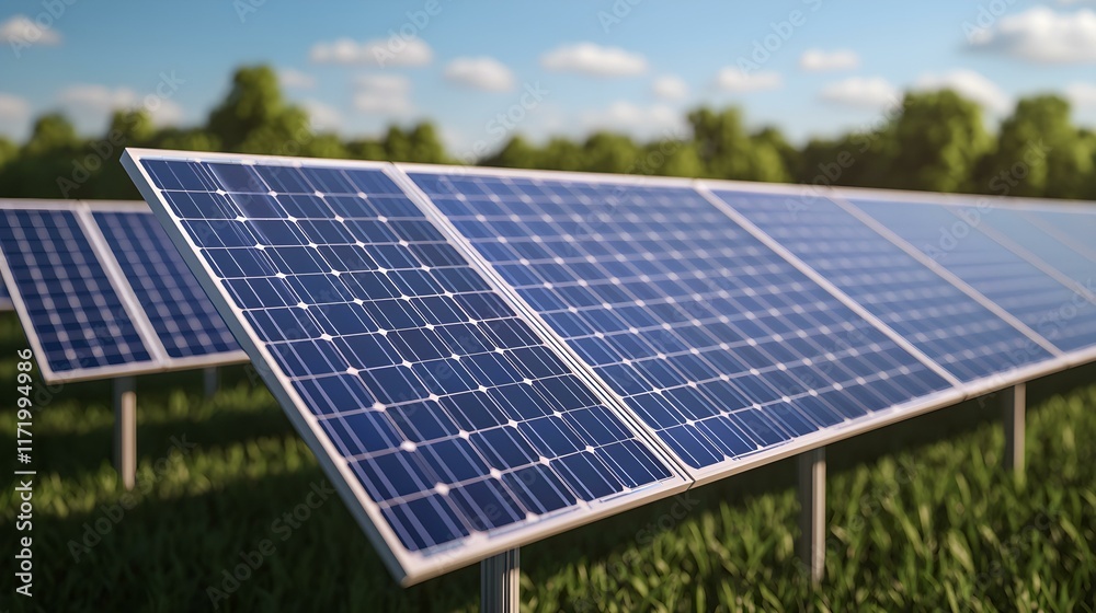 Close-Up View of Solar Panels in Green Field Under Bright Sky During Daylight Hours with Sunlight Glinting off the Surface of the Cells Close-Up View of Solar Panels in Green Field Under Bright Sky During Daylight Hours with Sunlight Glinting off the Surface of the Cells