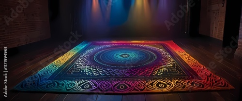 The intricate weave of a colorful rug laid out on a wooden floor photo