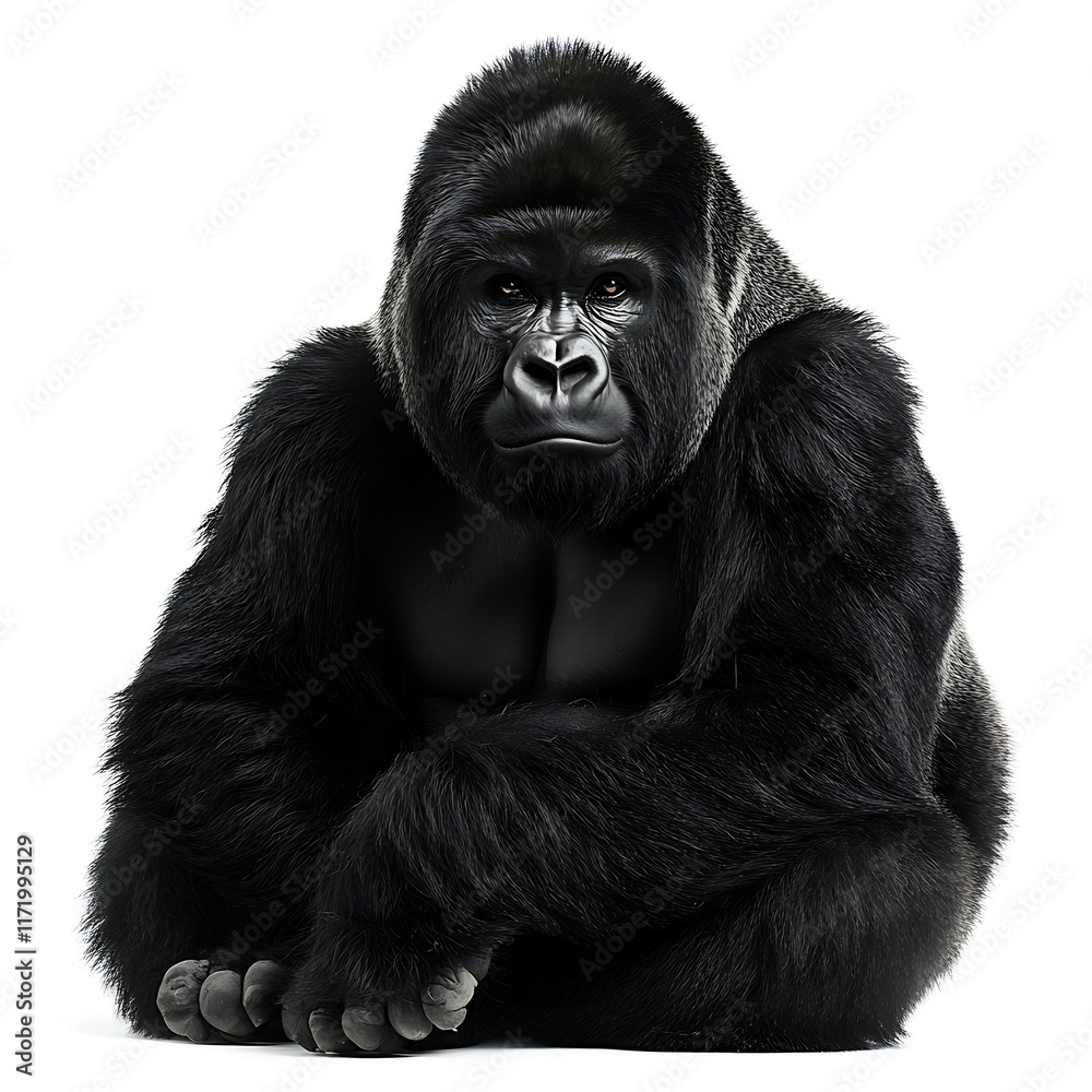 Fototapeta premium Powerful gorilla sitting, white background, wildlife photography, conservation.