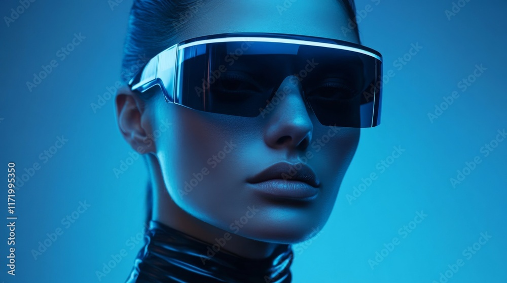 Portrait of a woman wearing sleek sunglasses in soft neon lighting Portrait of a woman wearing sleek sunglasses in soft neon lighting