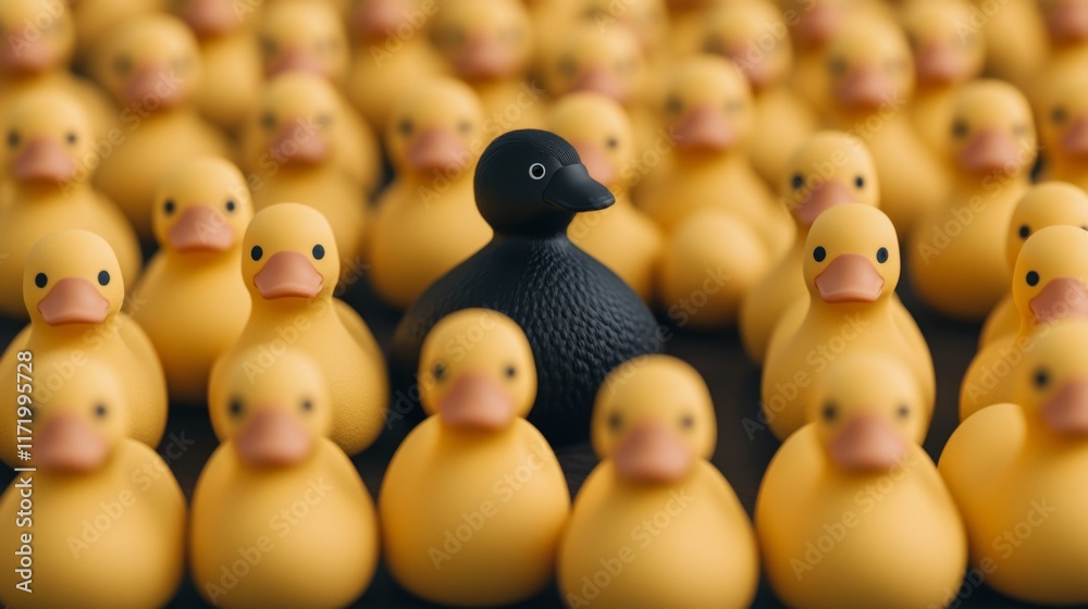 Rubber ducks in various colors with a unique black duck in the center Rubber ducks in various colors with a unique black duck in the center