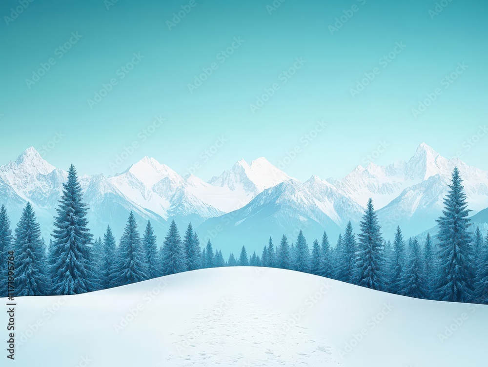 Fototapeta premium Adventurous winter travel scene showcasing a snow-covered trail leading through mountains, captured from a dramatic high angle