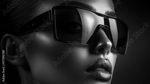 Close-up portrait of a woman in reflective glasses with monochrome lighting
