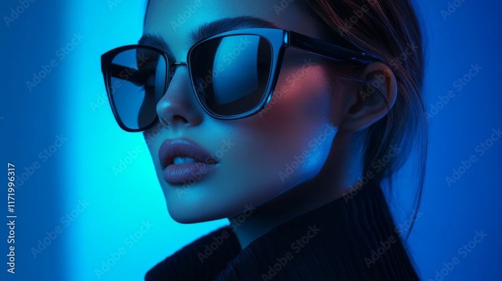 Close-up portrait of a woman in futuristic sunglasses with a blue background Close-up portrait of a woman in futuristic sunglasses with a blue background