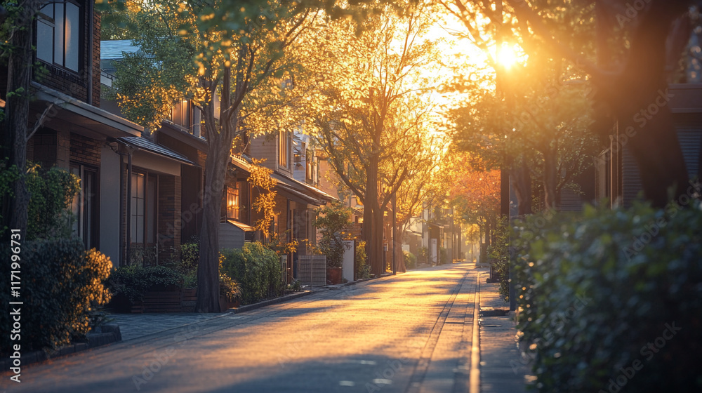 Serene sunset in a quiet suburban neighborhood with golden light illuminating the street Serene sunset in a quiet suburban neighborhood with golden light illuminating the street
