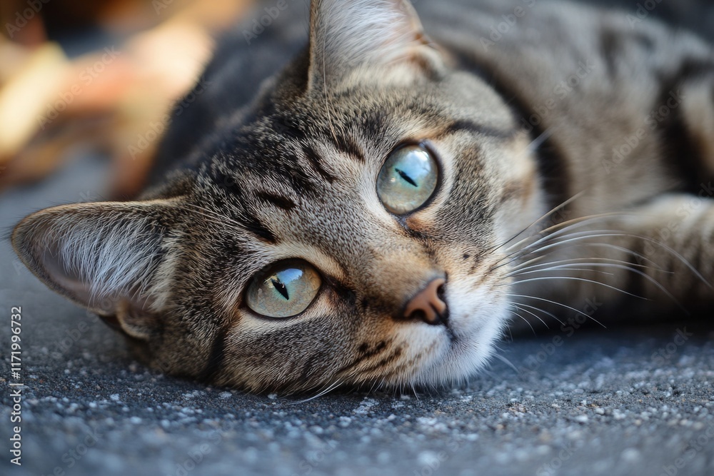 Close-up of a cat lying on the ground with bright eyes Close-up of a cat lying on the ground with bright eyes